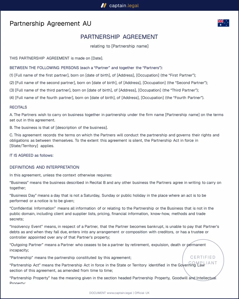 Partnership Agreement AU | Partnership Act Compliant