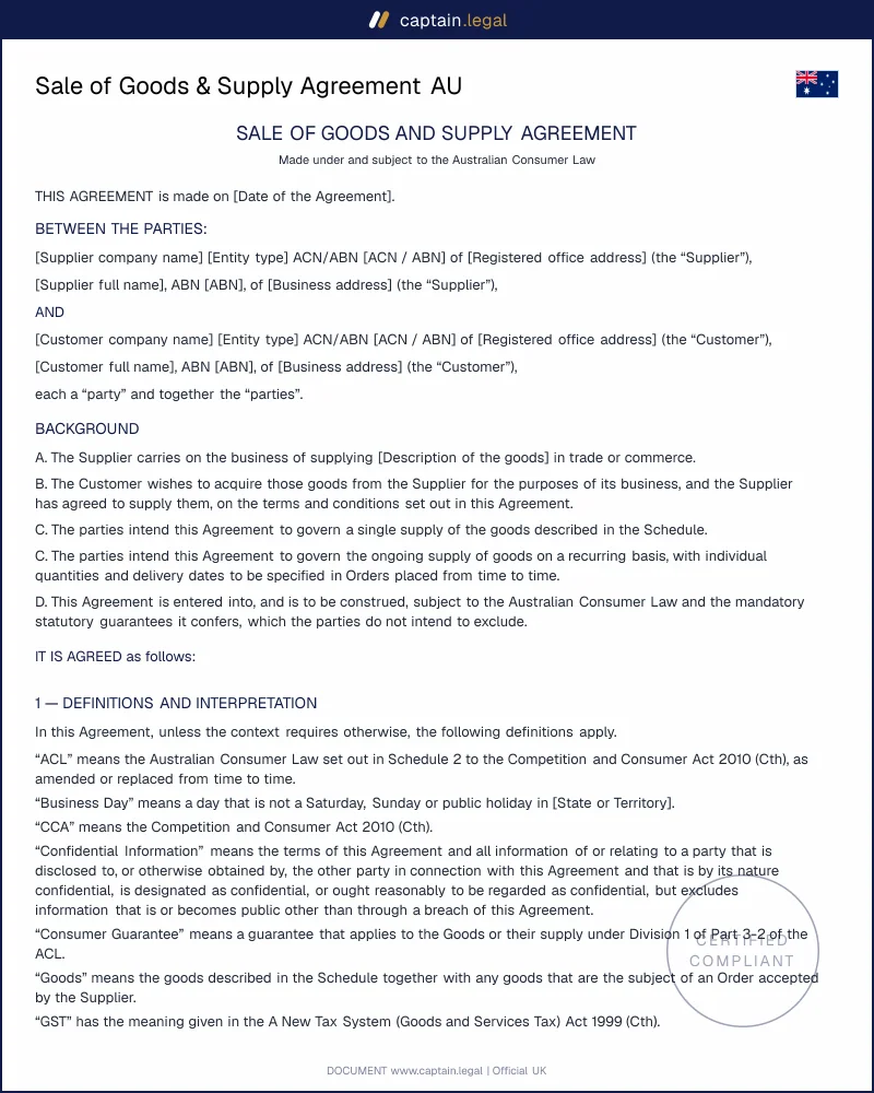 Supply Agreement Australia | ACL & PPSA Compliant