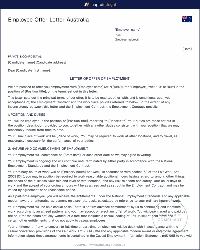 Employee Offer Letter Australia | s.125 Fair Work Act