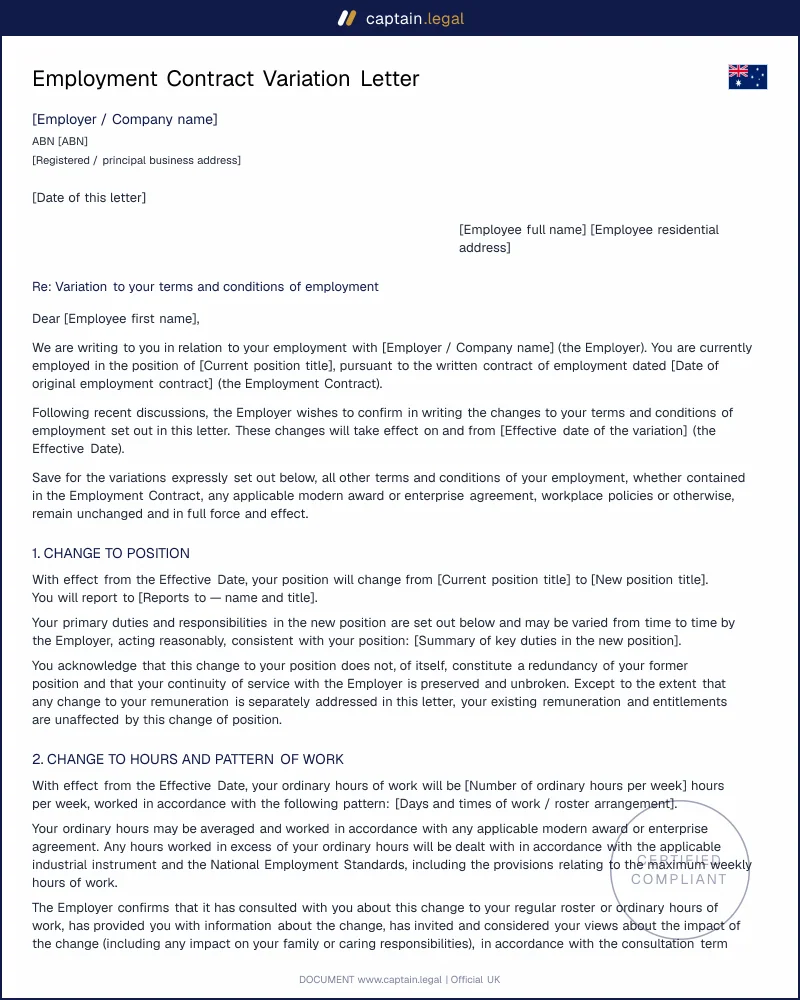 Employment Contract Variation Letter | Fair Work Act