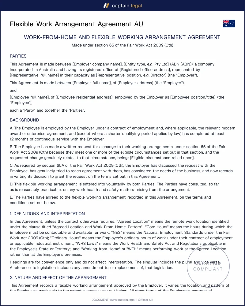 Flexible Work Arrangement Agreement | s.65 Fair Work Act