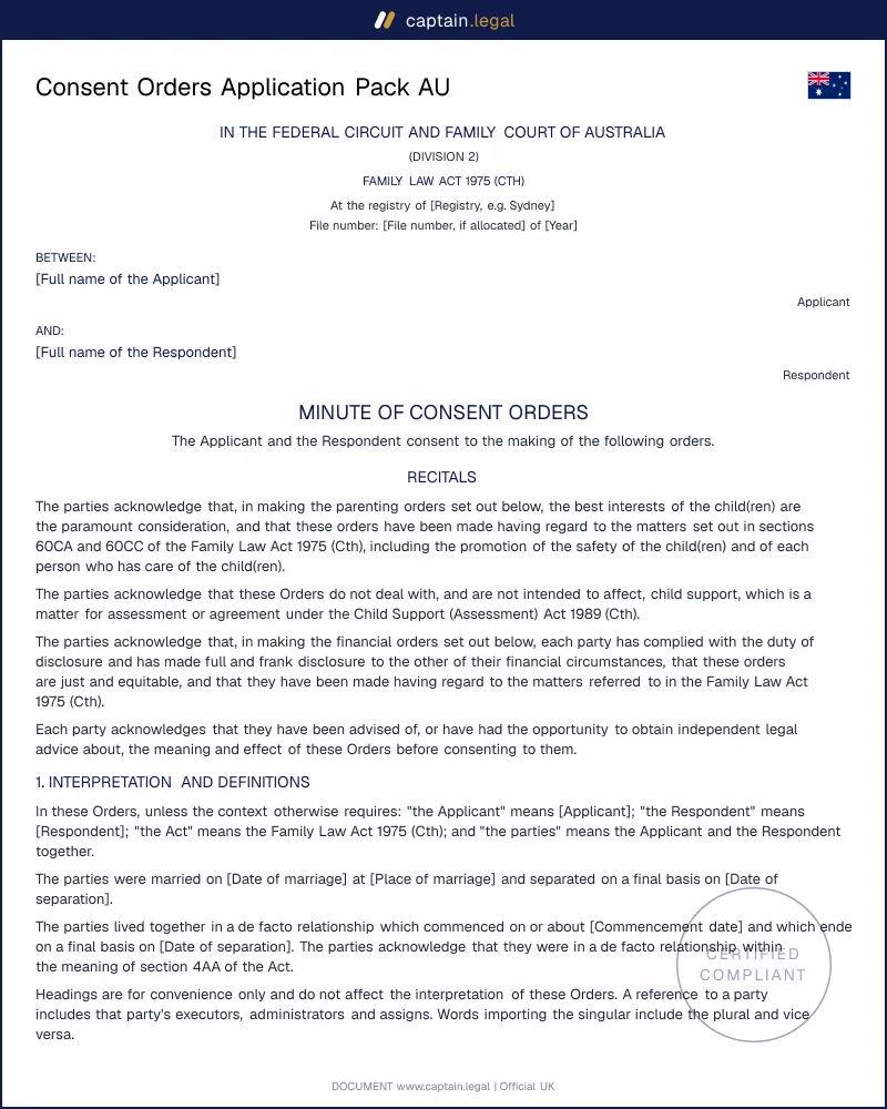 Consent Orders Application Pack | Family Law Act 1975