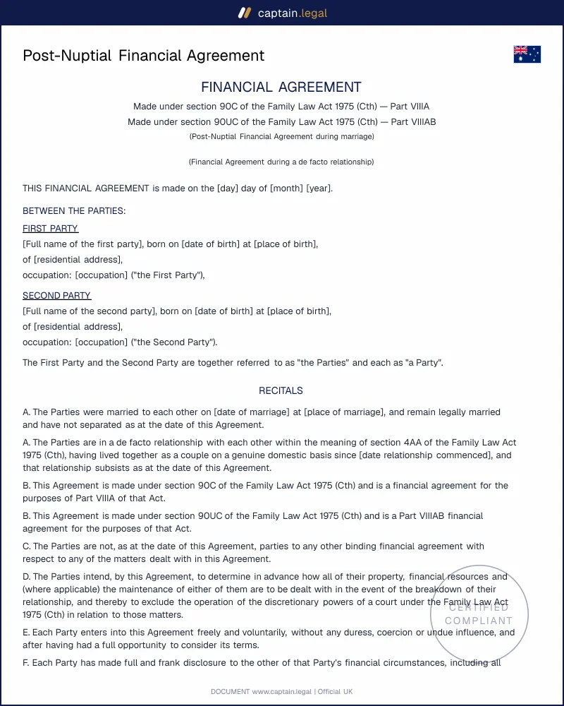 Post-Nuptial Financial Agreement | s.90C Family Law Act