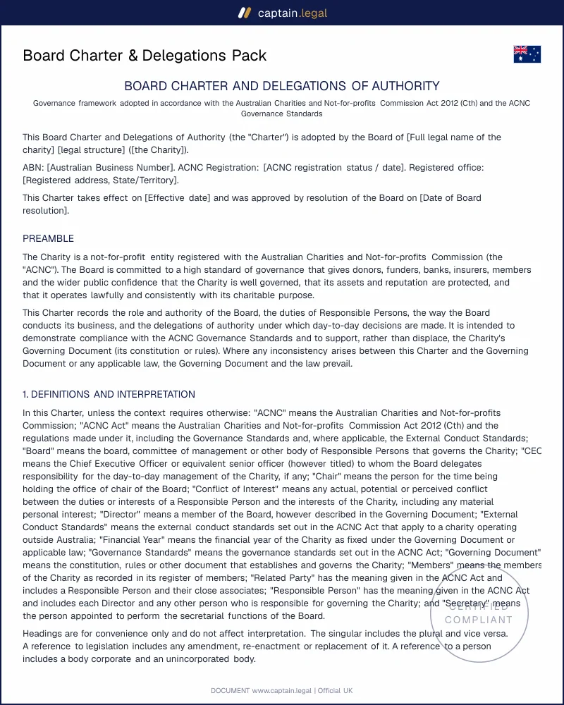 Board Charter & Delegations | ACNC & s.198D Compliant