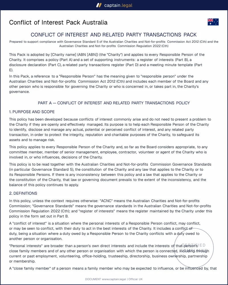 Conflict of Interest Pack | ACNC Governance Standard 5