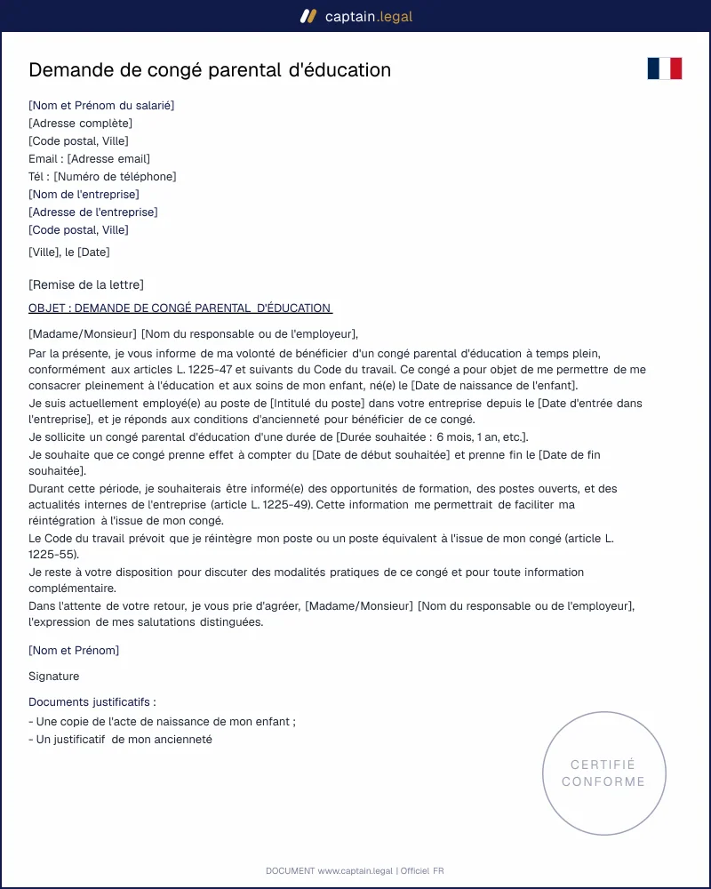 Lettre de demande de congé parental à temps plein PDF & Word
