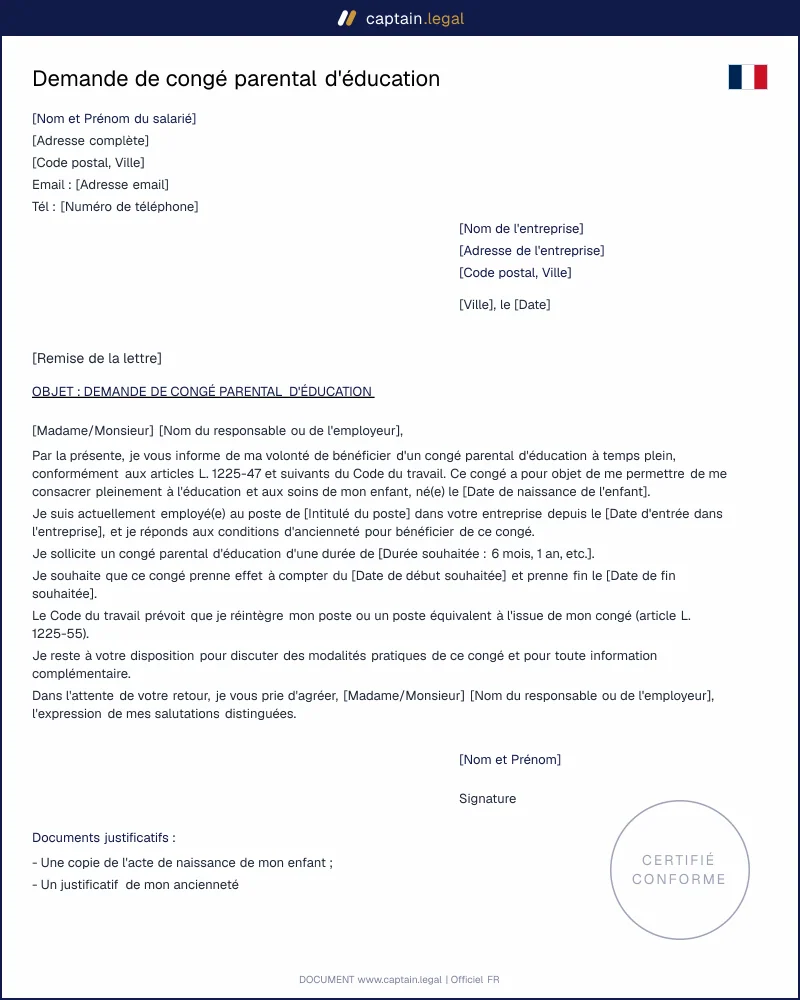 Lettre de demande de congé parental à temps plein PDF & Word