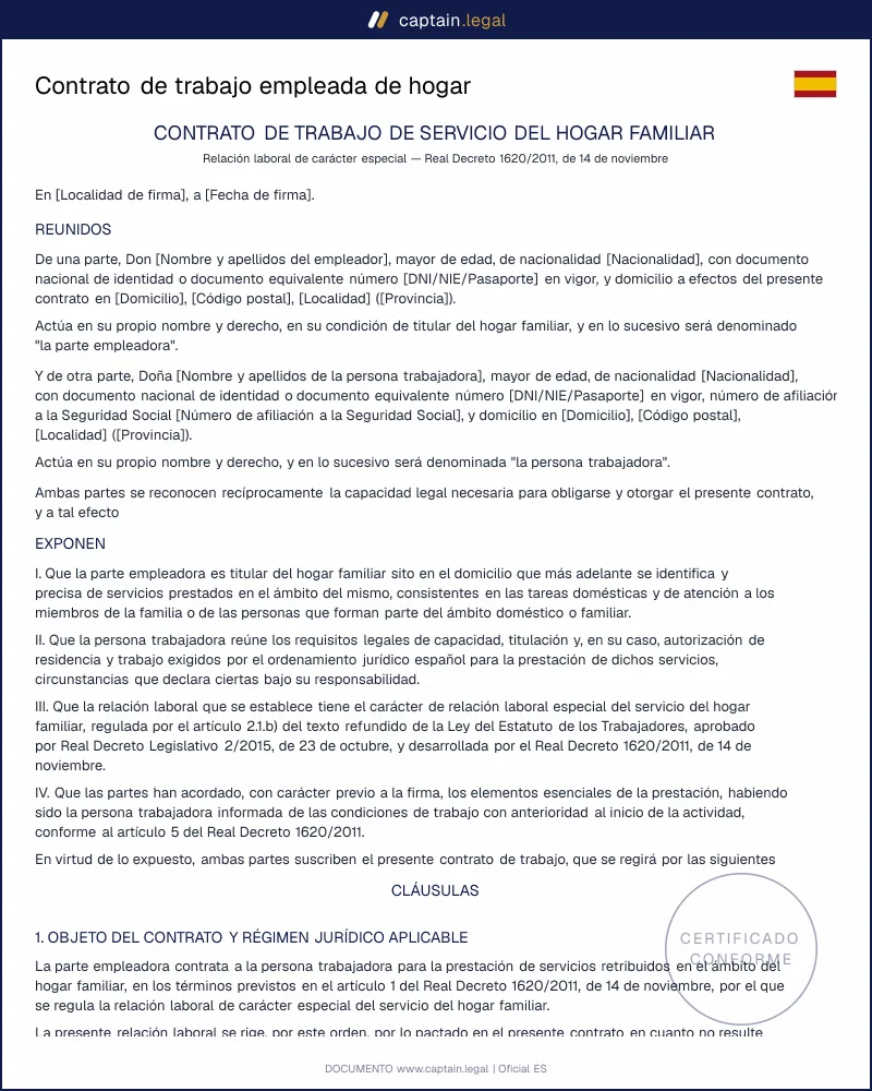 Contrato de empleada de hogar según el RD 1620/2011