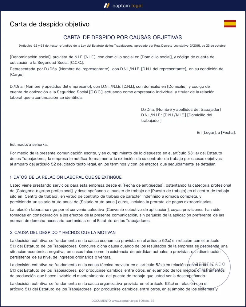 Carta de despido objetivo: modelo art. 52 y 53 ET