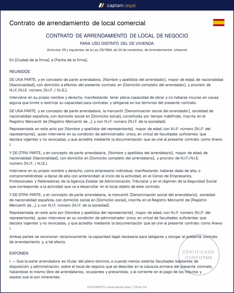 Contrato de arrendamiento de local comercial (LAU)