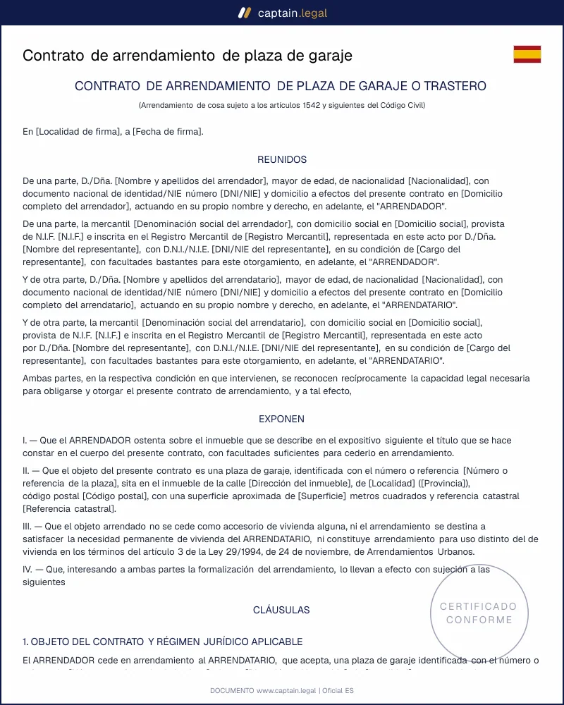 Contrato de arrendamiento de garaje según el Código Civil