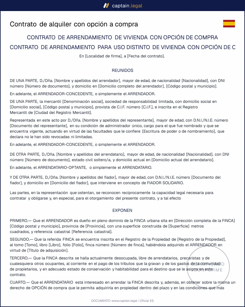 Contrato de alquiler con opción a compra (art. 14 RH)