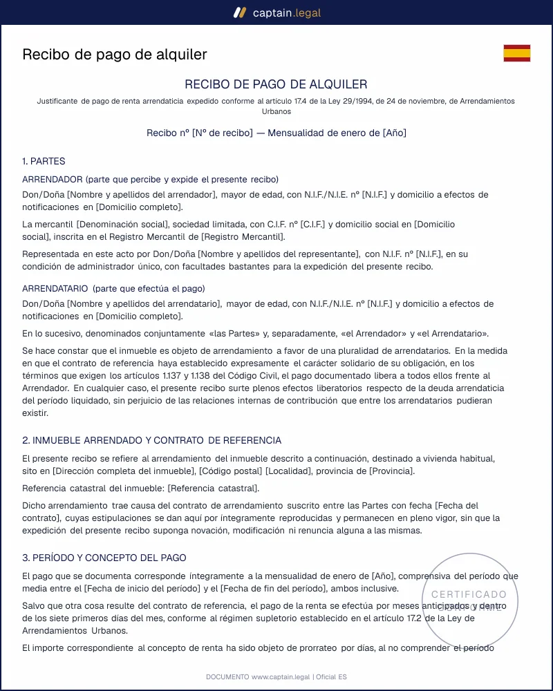 Recibo de pago de alquiler según el art. 17.4 LAU