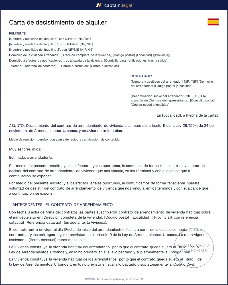 Carta de desistimiento del alquiler según el art. 11 LAU