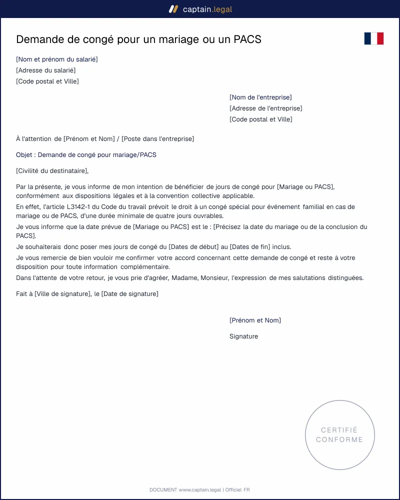 Demande de congé pour un mariage ou un PACS