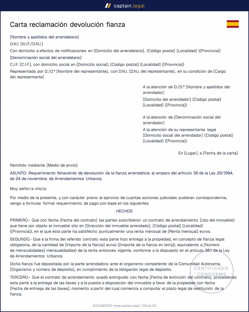 Carta devolución fianza (art. 36.4 LAU): plantilla