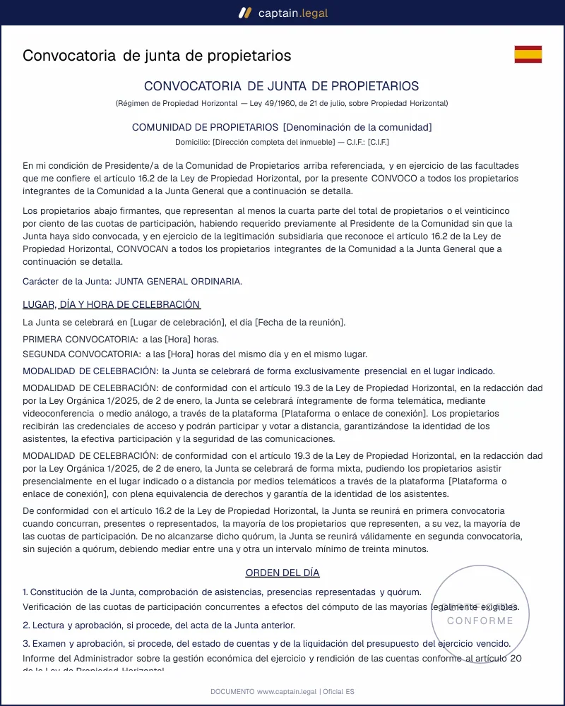 Convocatoria de junta de propietarios: Word y PDF