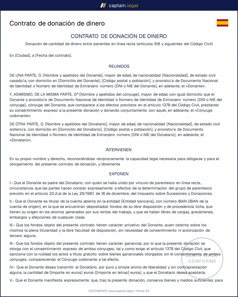 Contrato de donación de dinero: art. 632 del Código Civil