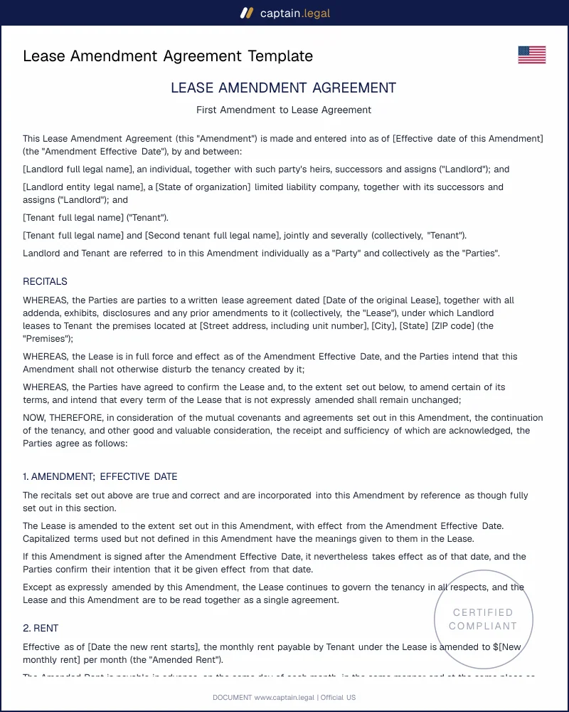 Lease Amendment Agreement | CA, TX, FL & NY Compliant