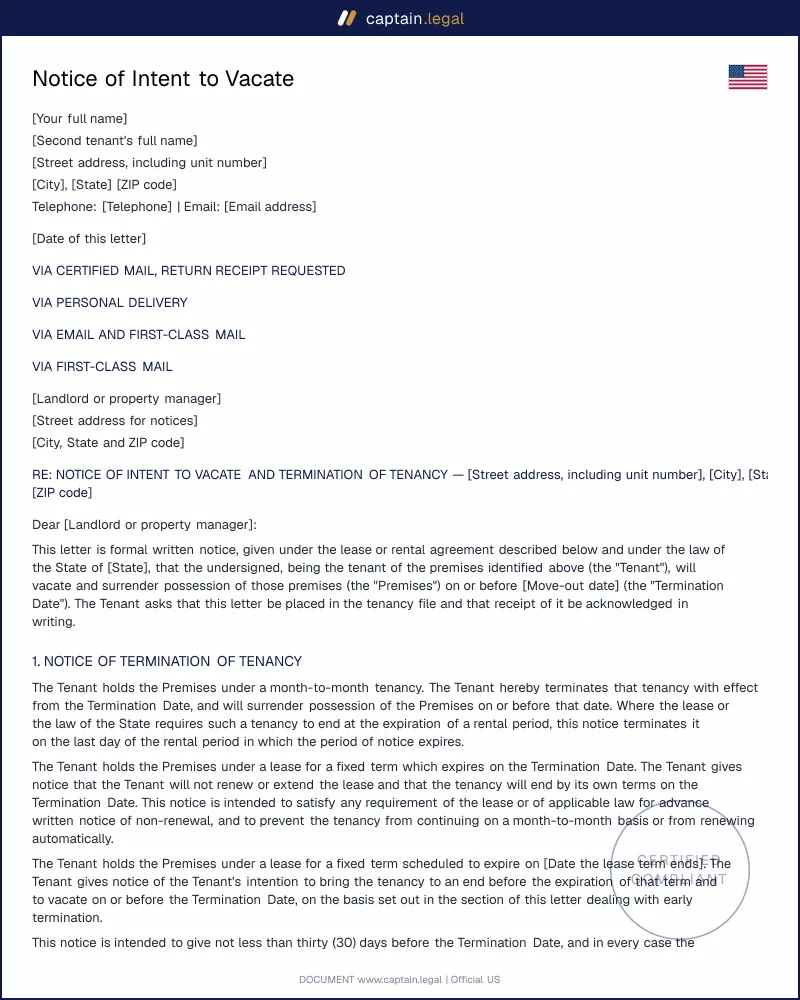 Notice of Intent to Vacate | Cal. Civ. Code 1946 Compliant