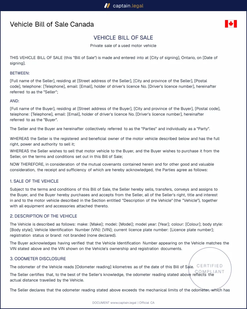 Vehicle Bill of Sale Canada | Sale of Goods Act s.53