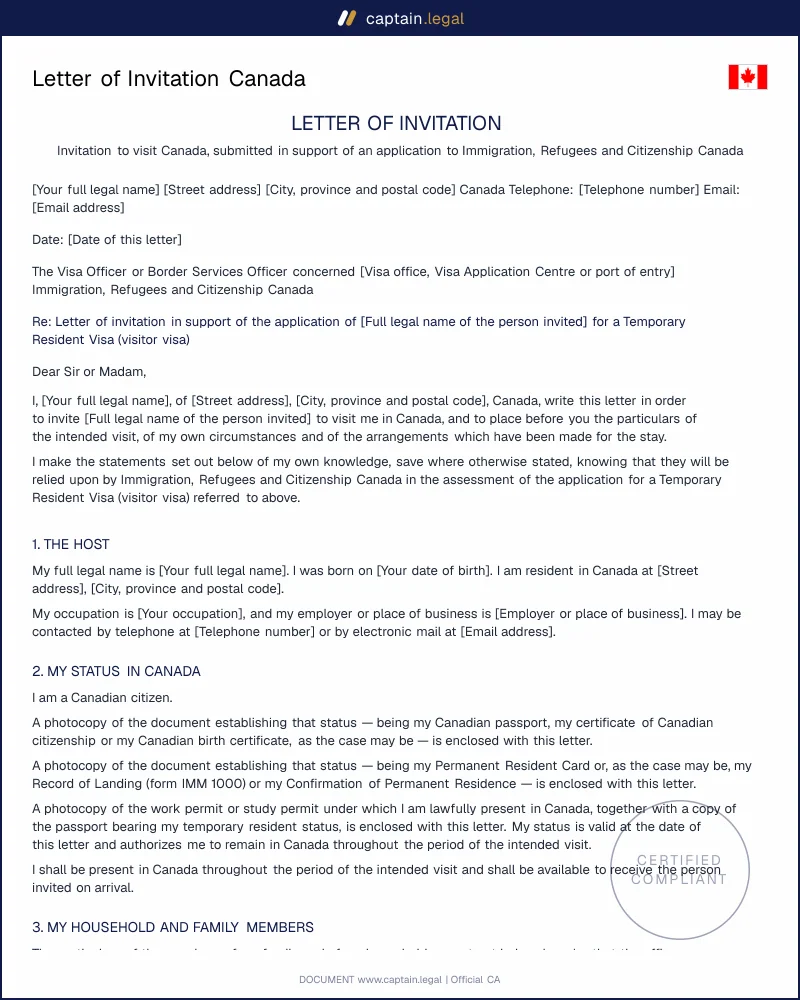 Letter of Invitation Canada | IRPA and IRPR Compliant