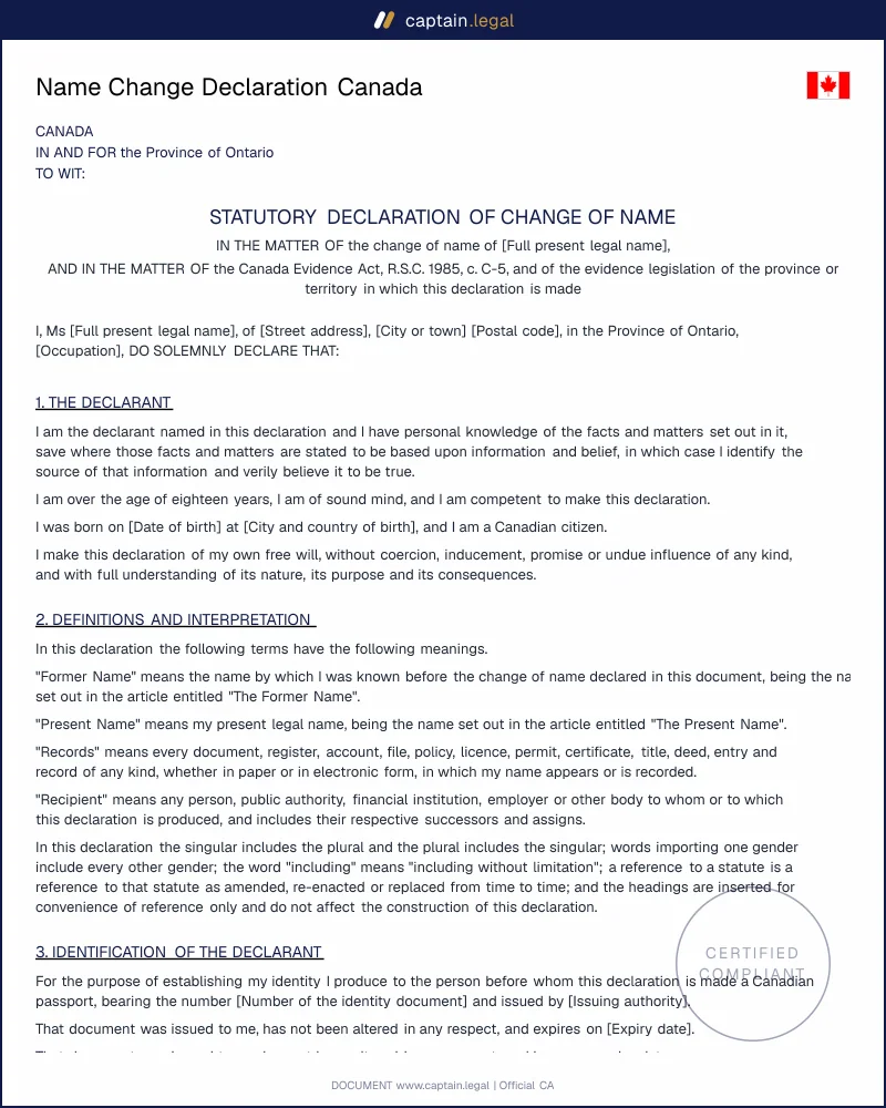 Name Change Declaration Canada | Canada Evidence Act