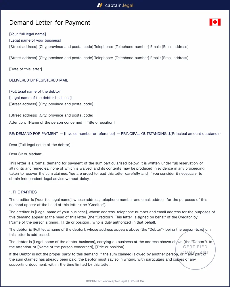Demand Letter for Payment | Limitations Act s.13 Canada