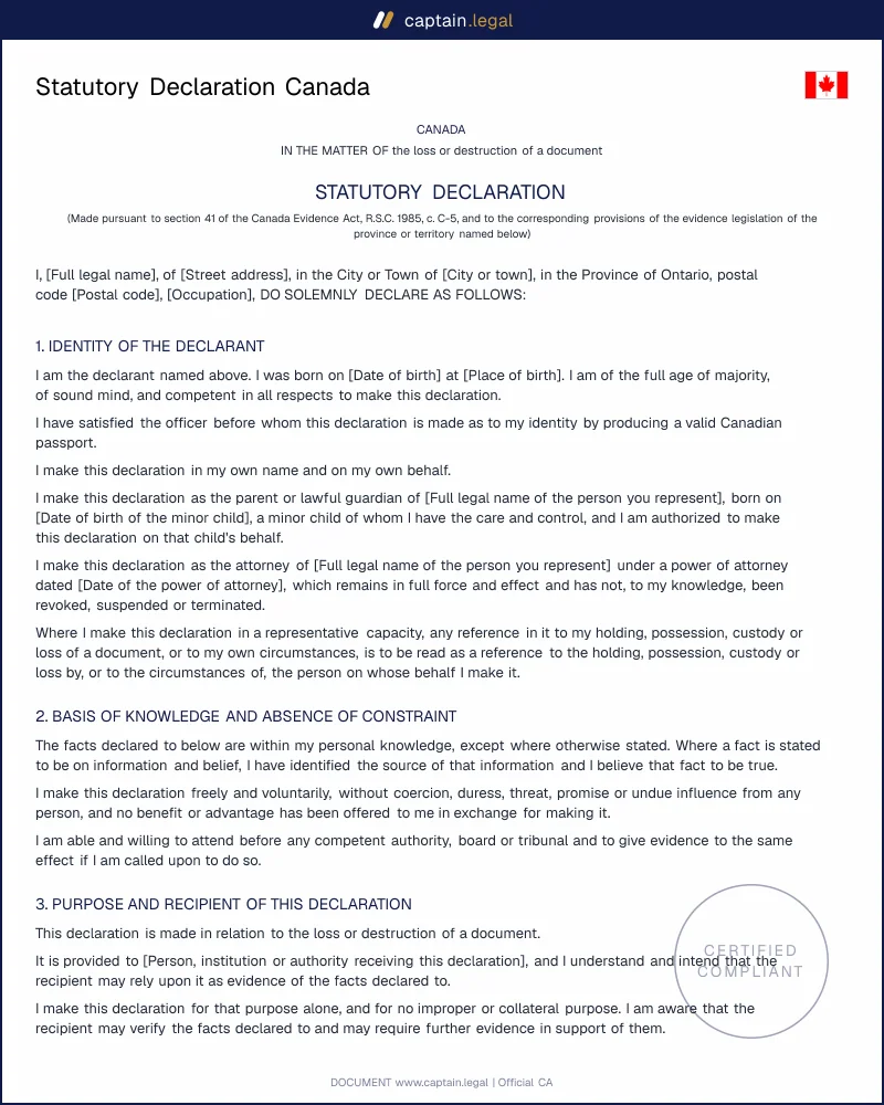 Statutory Declaration | Canada Evidence Act s.41 Form