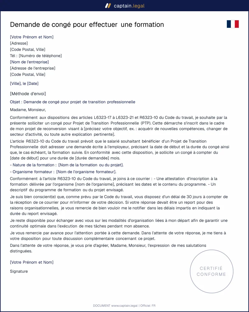 Demande de congé pour projet de transition professionnelle