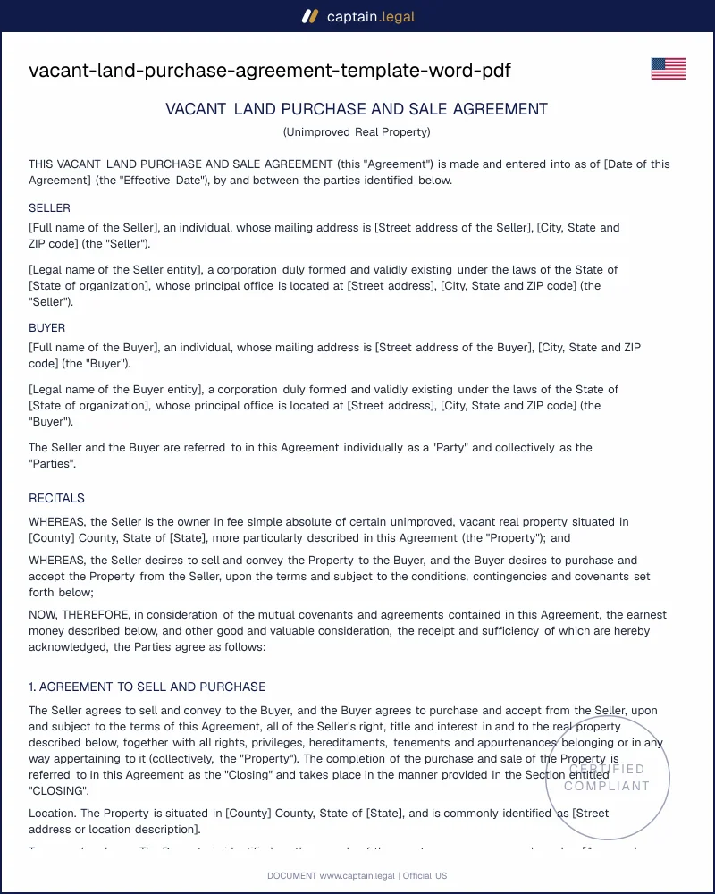 Vacant Land Purchase Agreement | All 50 States Template