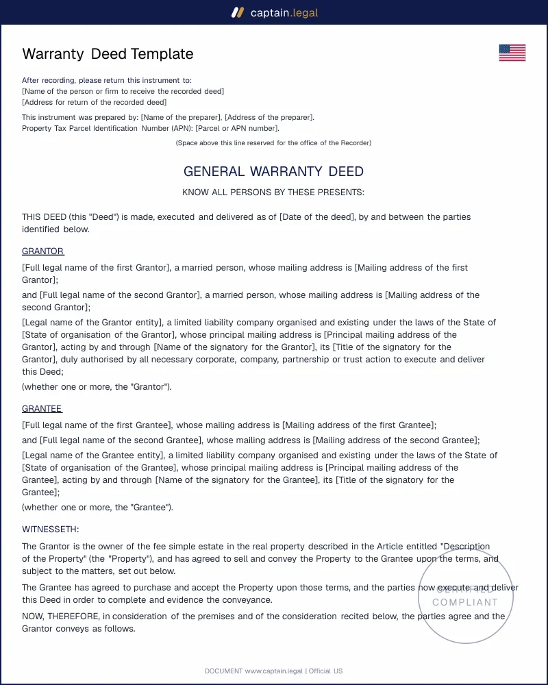 Warranty Deed Template | Statutory Form, CA, TX, FL, NY