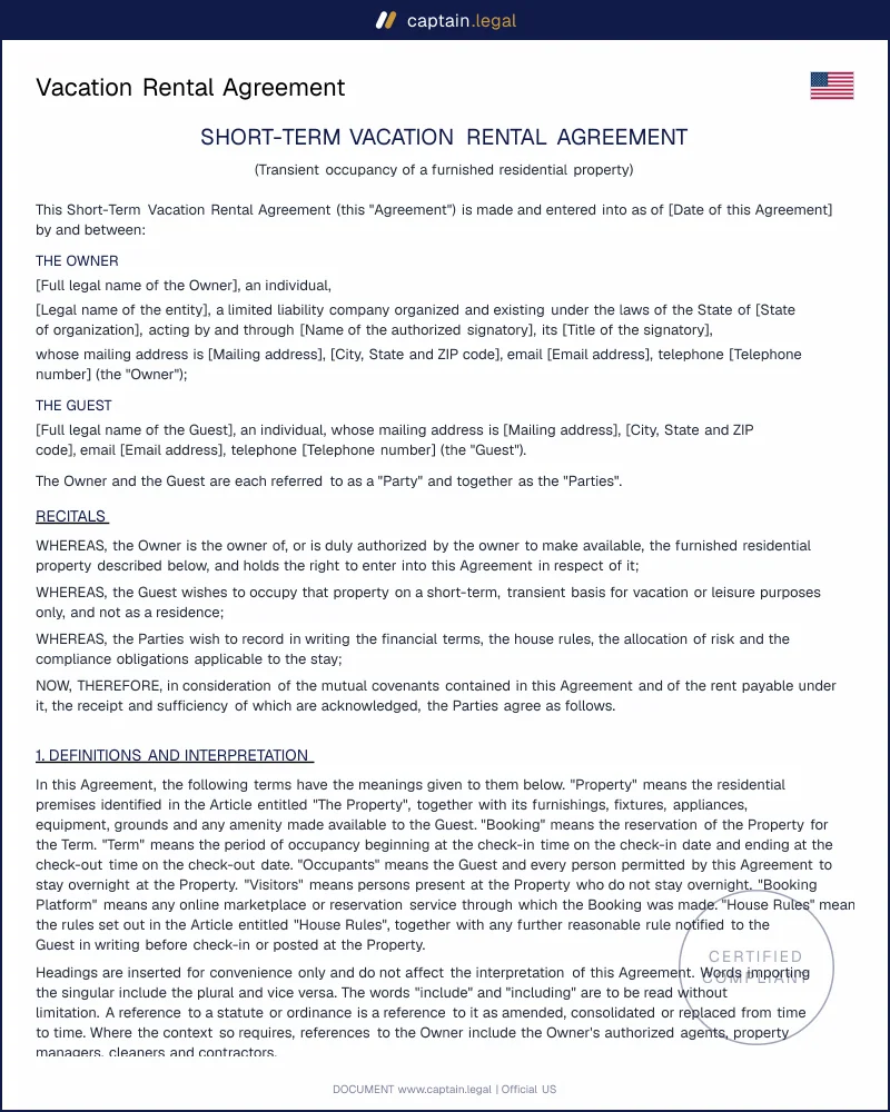 Vacation Rental Agreement | 30-Day Transient Rule, 50 States