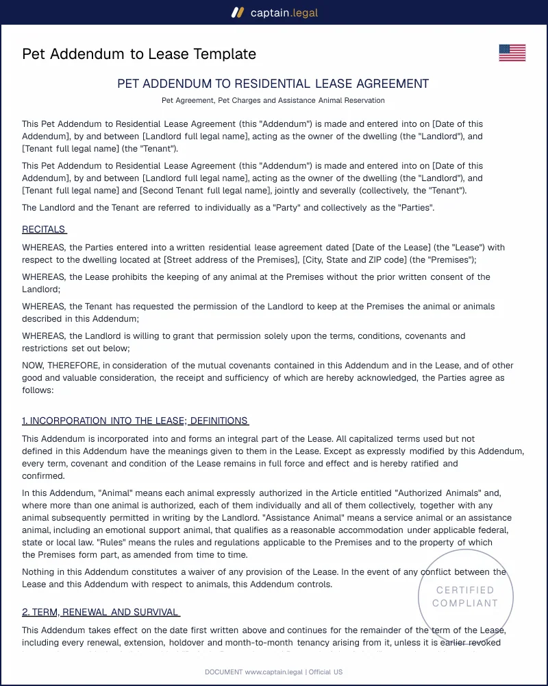 Pet Addendum Template | Deposit Caps & Fair Housing Rules