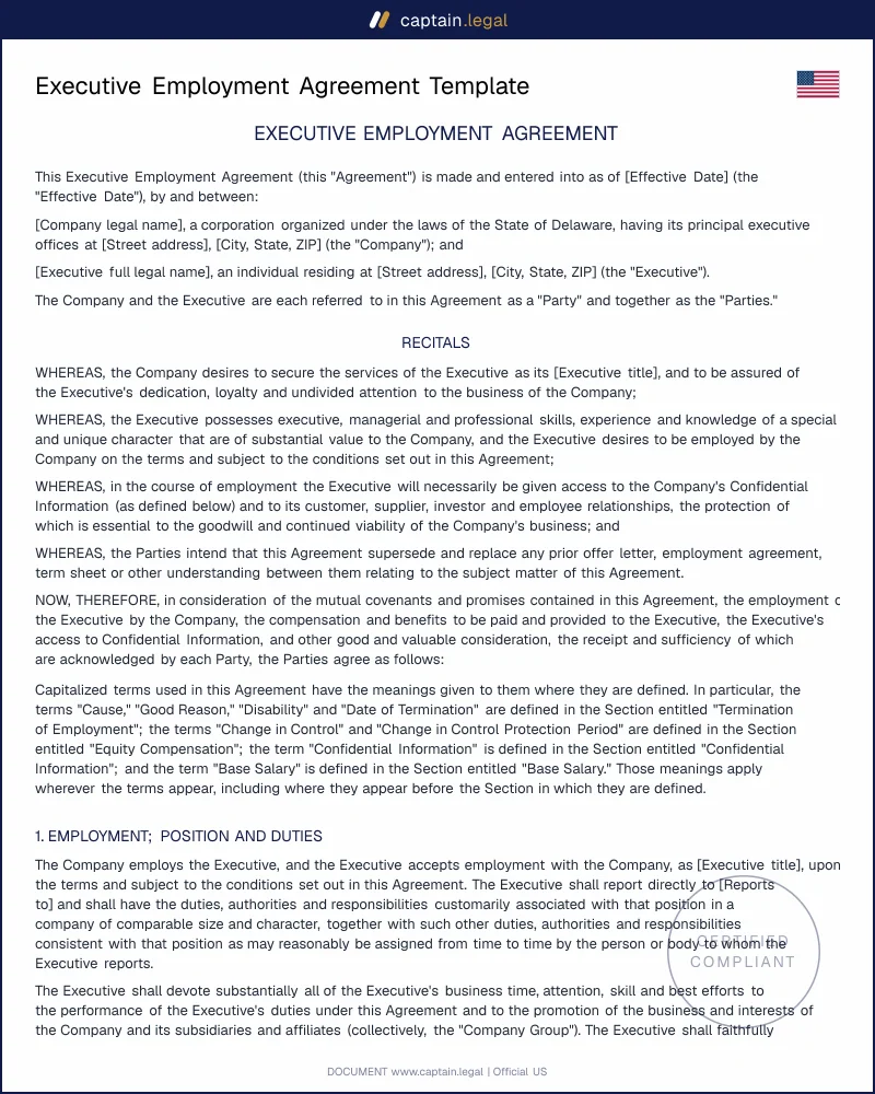 Executive Employment Agreement | 409A & 280G Compliant