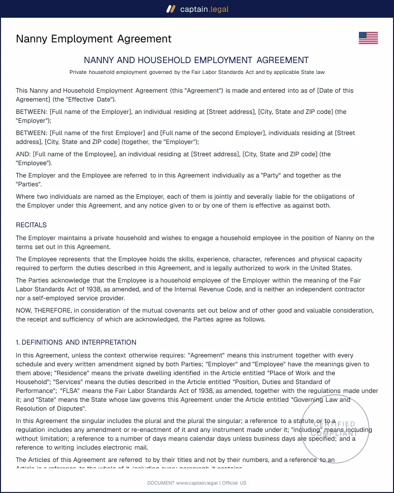 Nanny Employment Agreement | FLSA & State-Compliant Template
