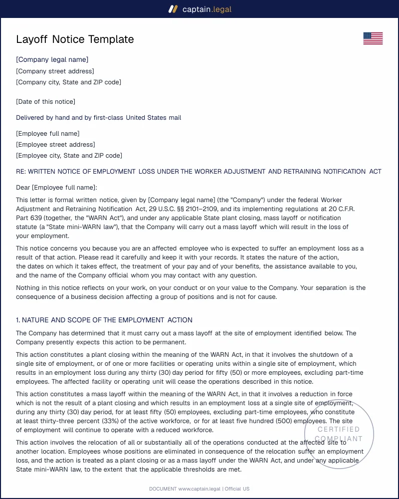 Layoff Notice Template | 29 U.S.C. §2101 & Mini-WARN