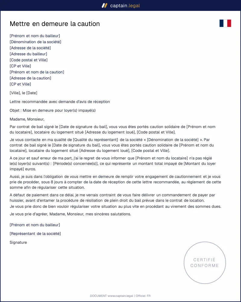 Mise en demeure de la caution solidaire - Loyer impayé
