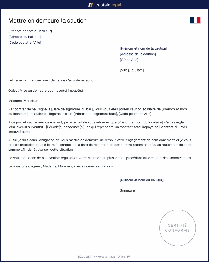 Mise en demeure de la caution solidaire - Loyer impayé