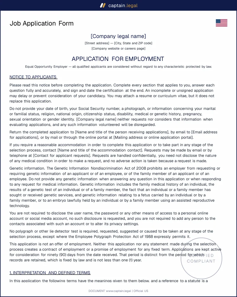 Job Application Form | Title VII & ADA Compliant Template