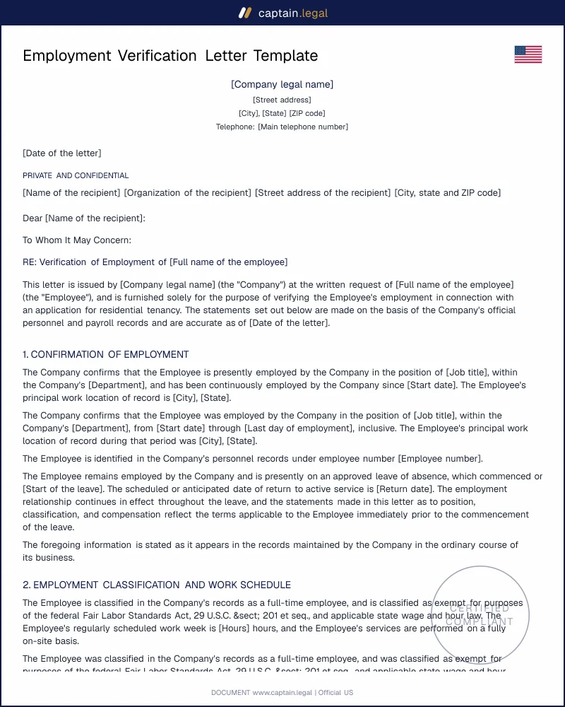 Lawyer-Drafted Employment Verification Letter (US)