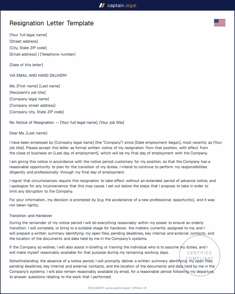 Resignation Letter Template | Labor Code §202 Ready (US)