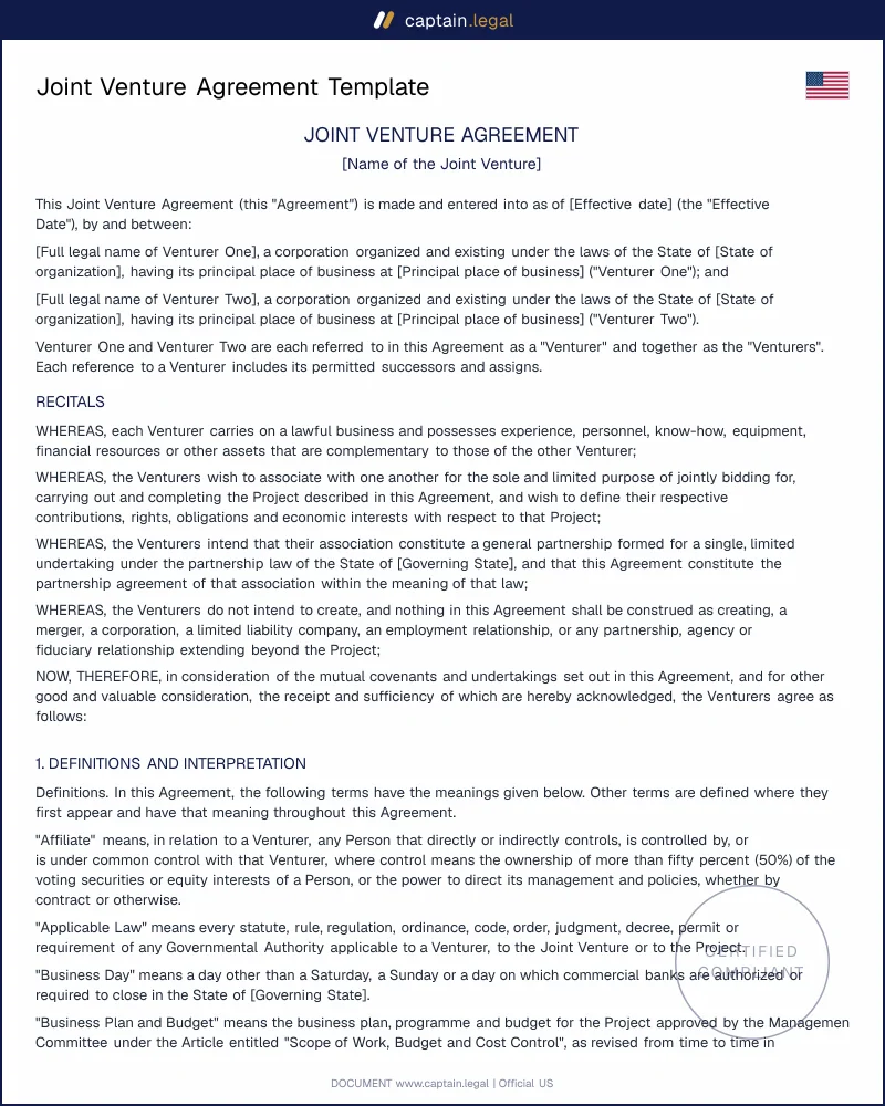 Joint Venture Agreement Template | RUPA-Compliant (US)