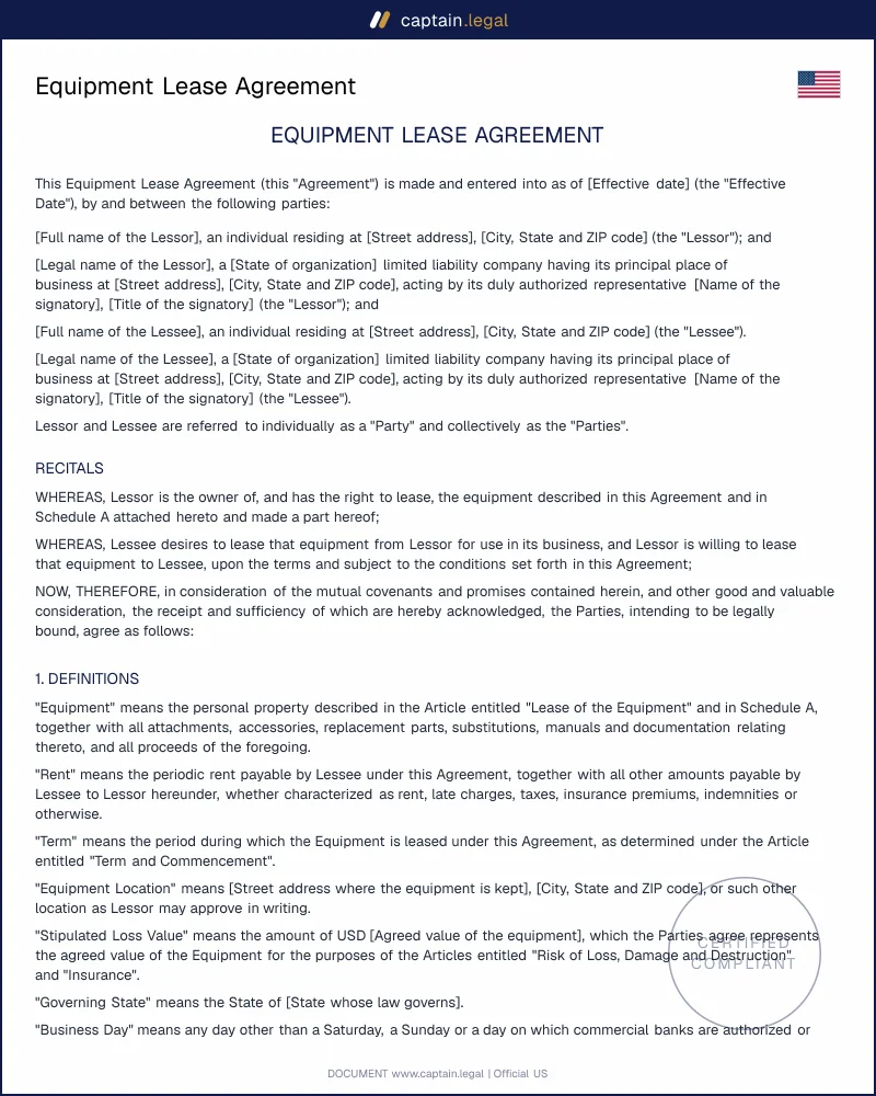 Equipment Lease Agreement Template | UCC Article 2A