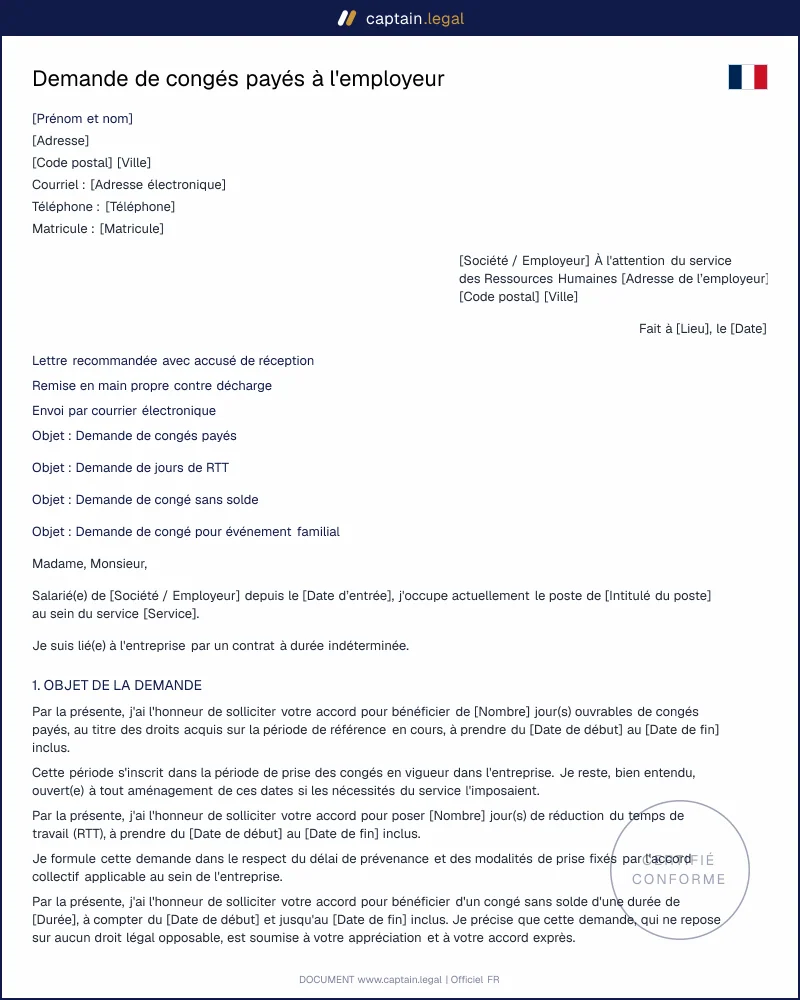 Demande de congés payés (art. L3141-1 Code travail)