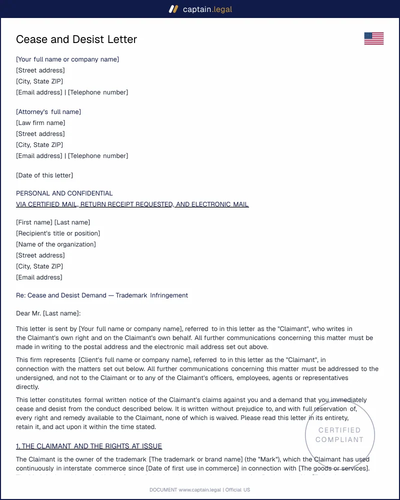 Cease and Desist Letter | Lanham Act & State-Law Ready
