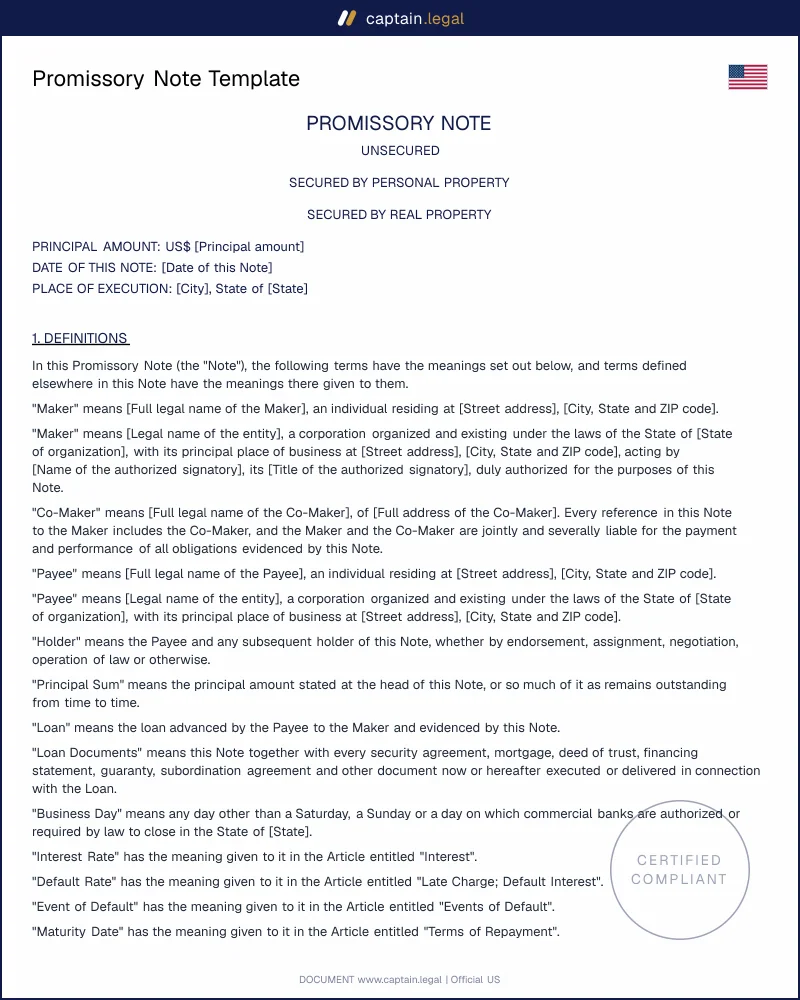 Promissory Note Template | UCC 3-104 Compliant (US)