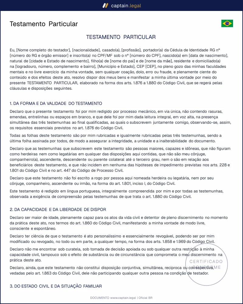 Testamento Particular conforme o Código Civil
