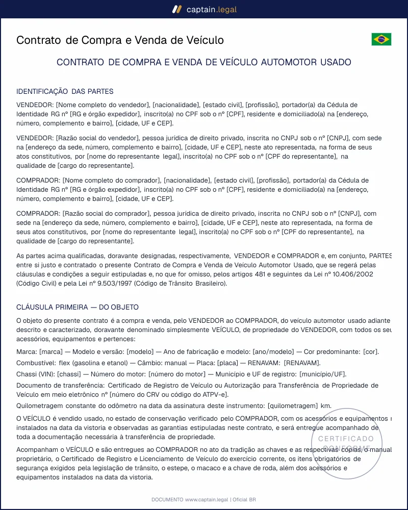 Contrato de Compra e Venda de Veículo | Código Civil e CTB