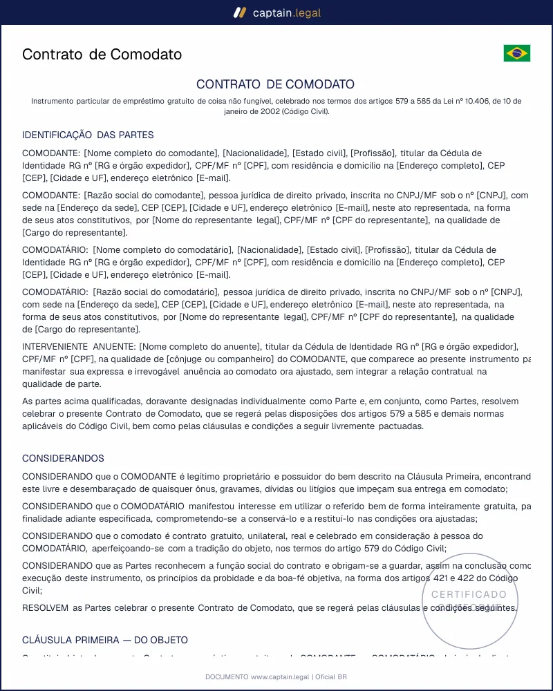 Contrato de Comodato: arts. 579 a 585 do Código Civil